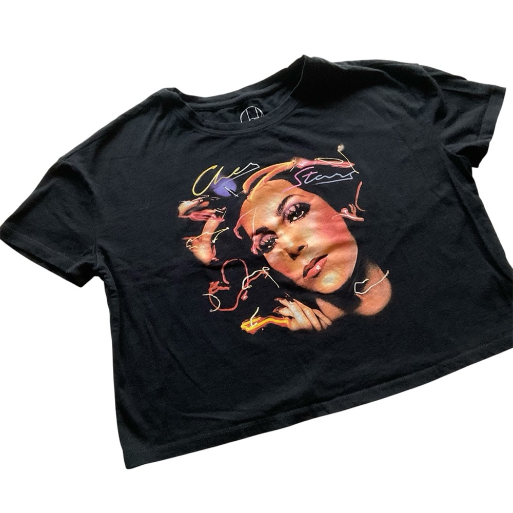 CHER Crop Top Tee Stars Graphic Black Shirt Goddess of Pop Women's Size Small
